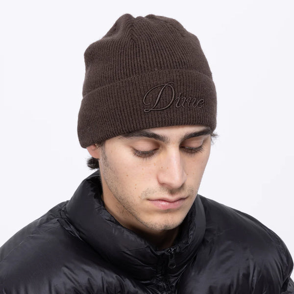 Dime Cursive Wool Beanie - Dark Brown